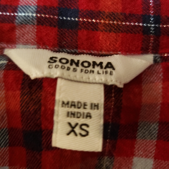 Cute red plaid flannel shirt with silver metallic threads throughout. Like new - Picture 4 of 8